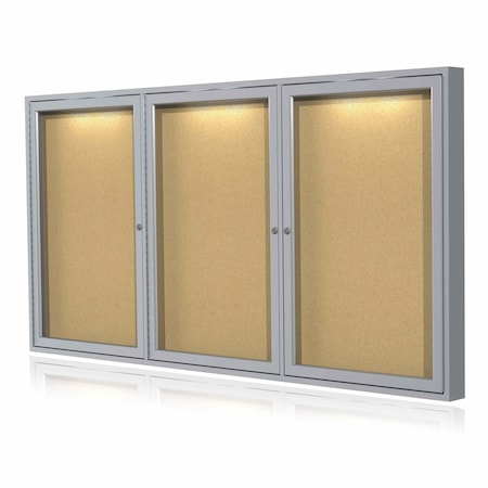 Ghent Enclosed Bulletin Board, 3 Door, Cork, Concealed Lghtng, 4 ft H x 8 ft W, Natrl CPA34896K